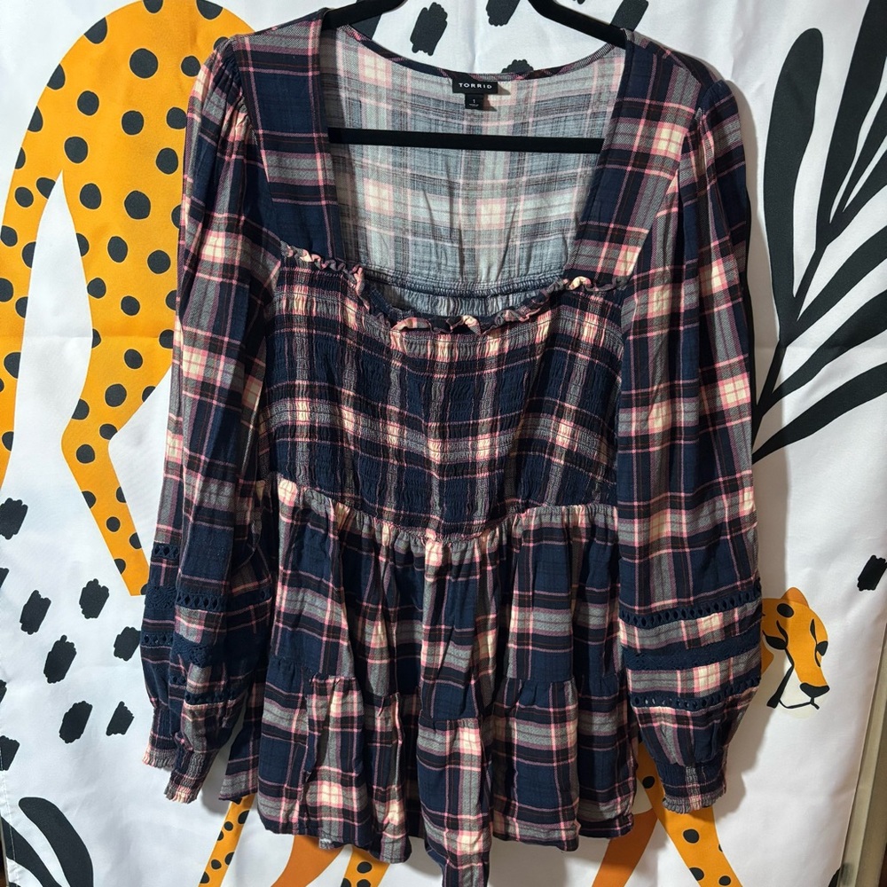 Torrid flannel, tiered peasant blouse